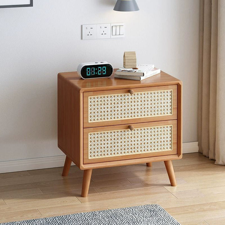 Table d'appoint carrée en bois massif avec tissage en rotin, 2 tiroirs pour salon 