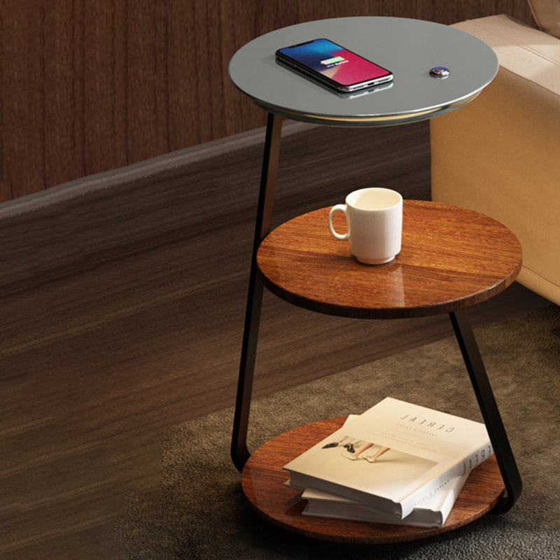 Table de chevet contemporaine nordique ronde en noyer et marbre avec fer, charge sans fil pour téléphone mobile, 2 niveaux pour le chevet 