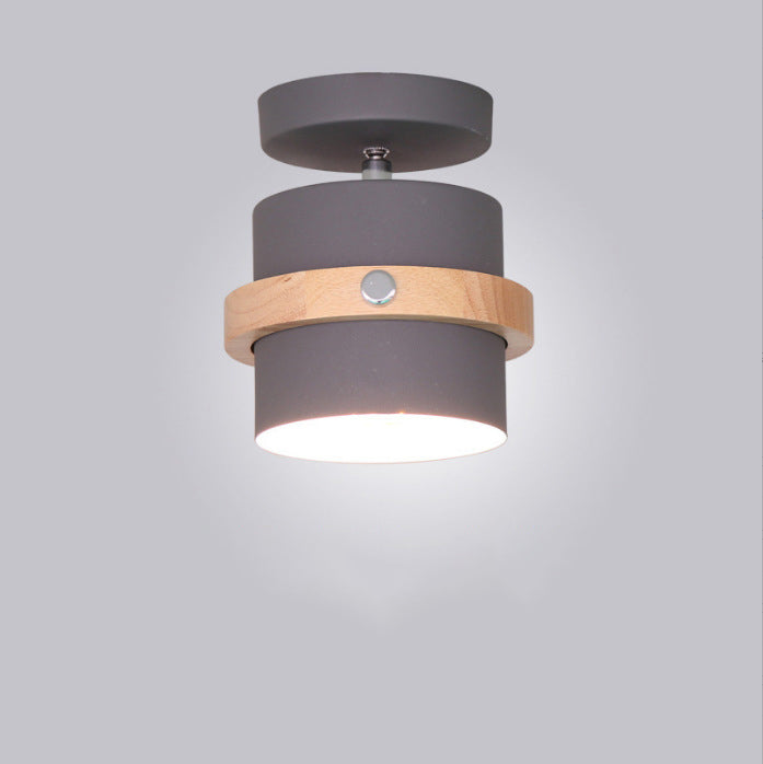Contemporary Nordic Round Cylinder Iron Solid Wood 1-Light Semi-Flush Mount Ceiling Light For Hallway
