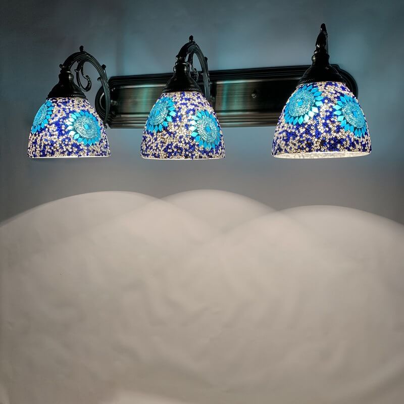 Tiffany Mediterranes Horn Buntglas 3-Licht Badezimmer Eitelkeit Spiegel Vorderwand Wandleuchte 