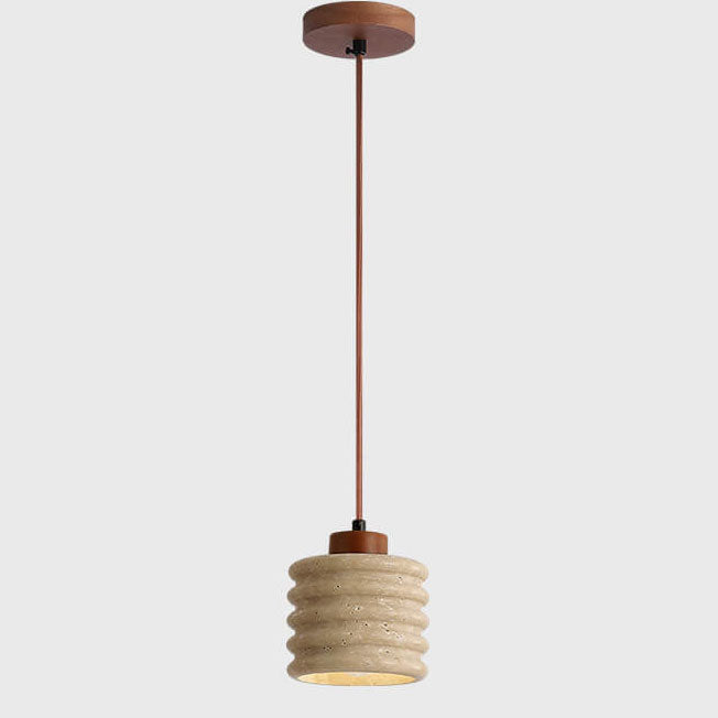 Japanese Wabi-Sabi Yellow Travertine Cylinder Lampshade Wood 1-Light Pendant Light