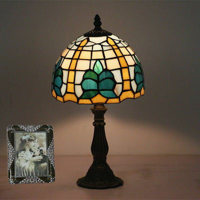 Tiffany Retro Mediterrane Blätter Buntglas 1-Licht Tischlampe 