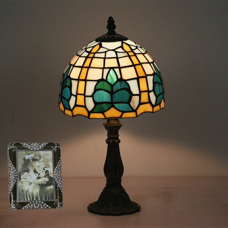Tiffany Retro Mediterrane Blätter Buntglas 1-Licht Tischlampe 