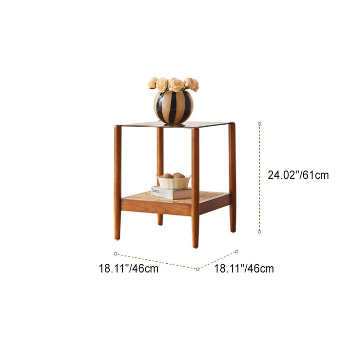 Traditioneller japanischer Webquadrat-Aschenholz-Glas-Beistelltisch, 2-stufig, für das Wohnzimmer 