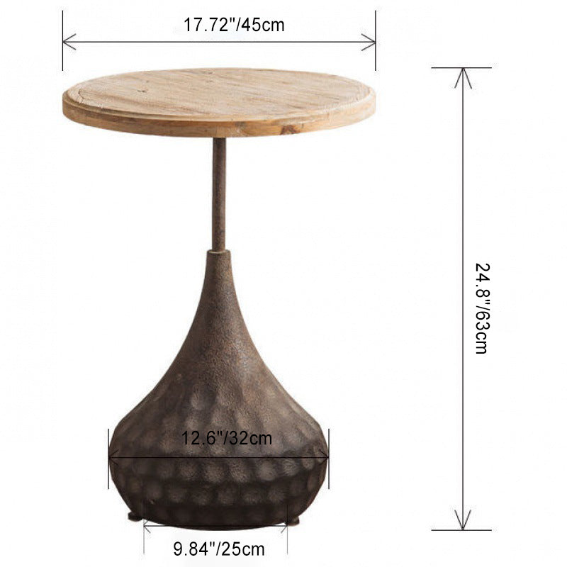 Mesa de café tradicional retro redonda ovalada de base de madera y hierro para sala de estar 