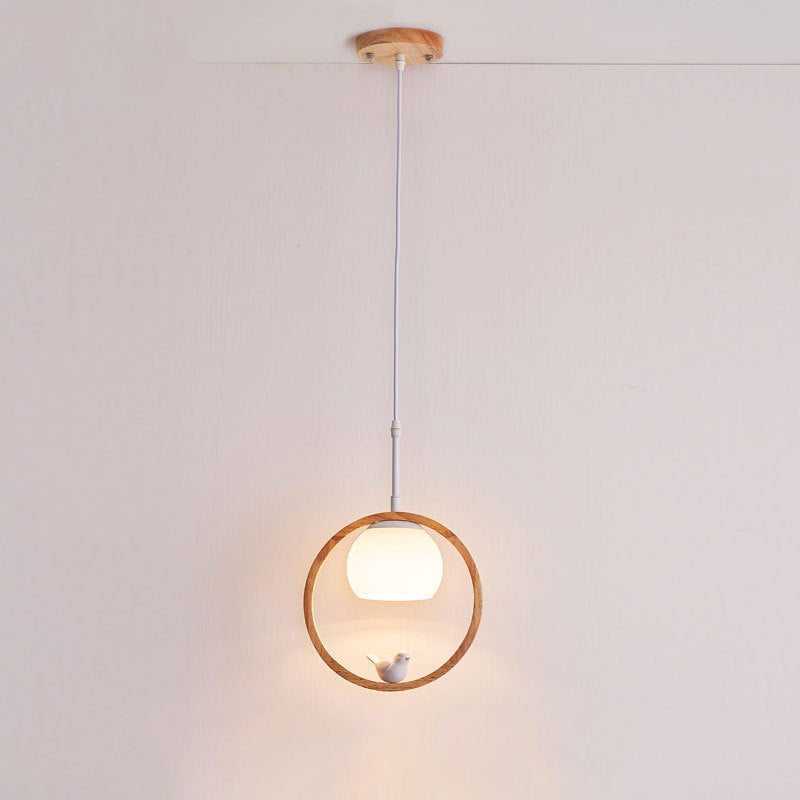 Zeitgenössische skandinavische runde Vogel Holz Glas 1-Licht Pendelleuchte für Wohnzimmer 