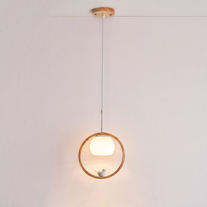 Zeitgenössische skandinavische runde Vogel Holz Glas 1-Licht Pendelleuchte für Wohnzimmer 