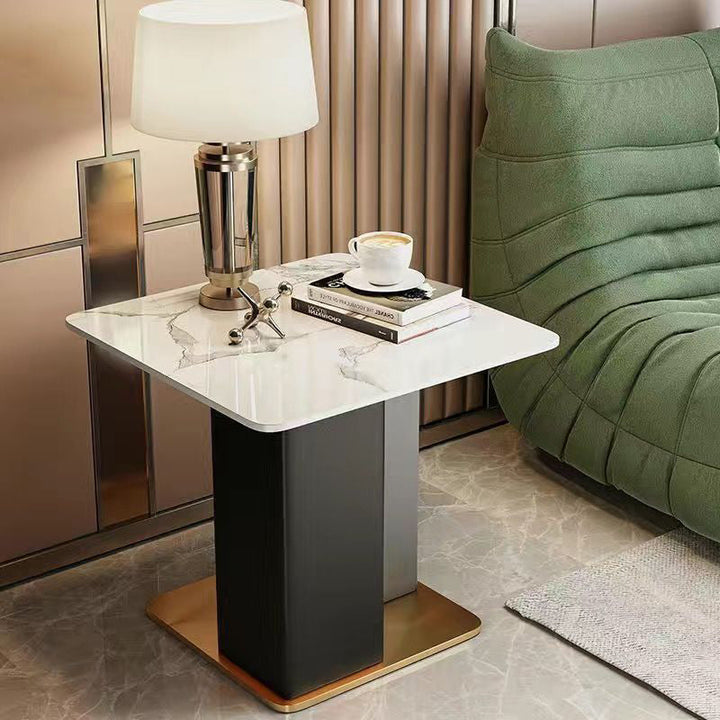 Contemporary Scandinavian Square Column Slate Microfiber Leather Wood Carbon Steel End Table For Living Room