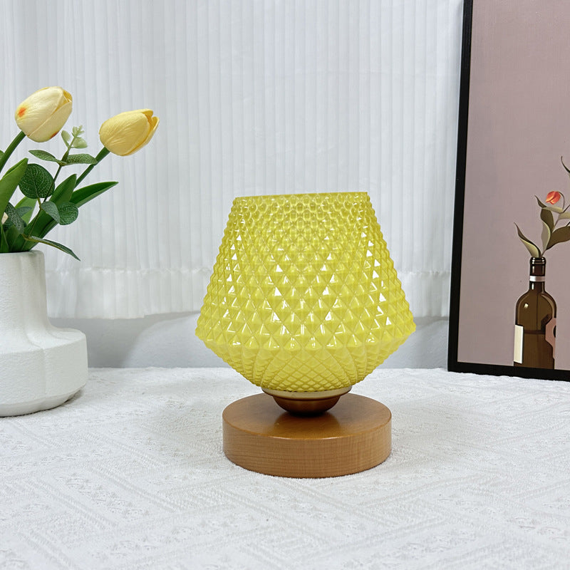 Lampe de table contemporaine en bois et verre à motif nervuré conique 1 lumière pour chevet 