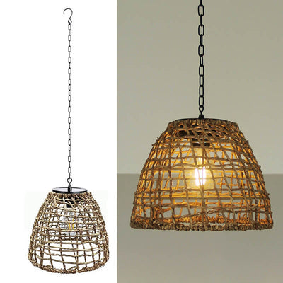Traditional Rustic Iron Net Rattan Weaving Cage LED Solar Waterproof Pendant Light For Outdoor Patio