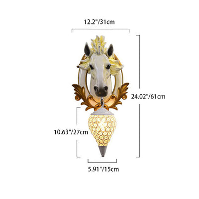 Modern Eclectic Resin Horse Head Decor Crystal Round Shade 1-Light Wall Sconce Lamp For Living Room