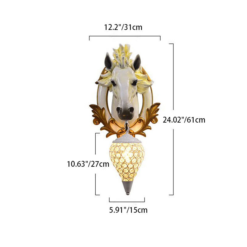 Modern Eclectic Resin Horse Head Decor Crystal Round Shade 1-Light Wall Sconce Lamp For Living Room