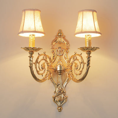 European Modern Luxury Candelabra Carved Zinc Alloy Fabric 2-Light Wall Sconce Lamp