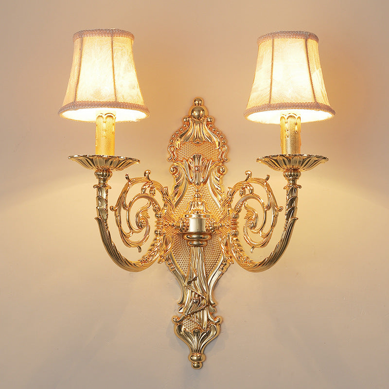 European Modern Luxury Candelabra Carved Zinc Alloy Fabric 2-Light Wall Sconce Lamp