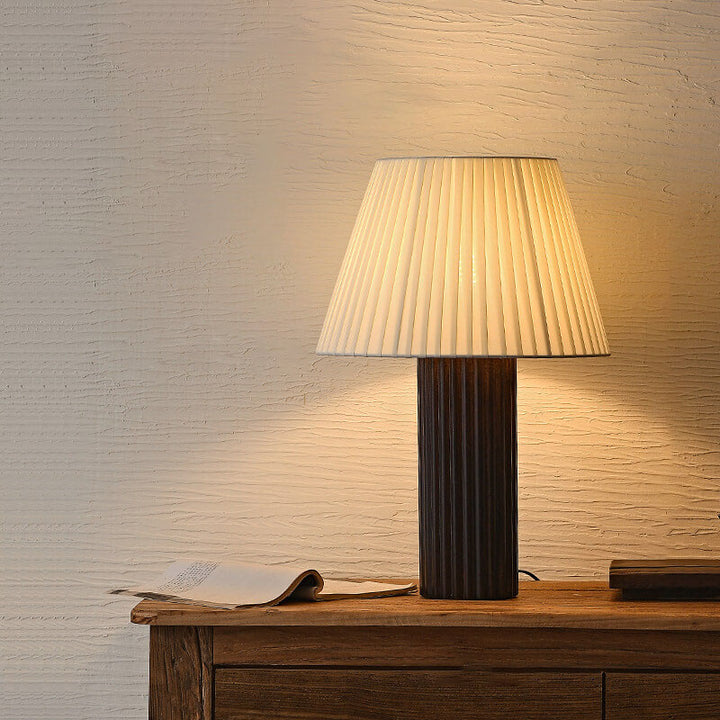 Lampe de table à 1 lumière avec base en bois et abat-jour en tissu plissé rétro japonais 