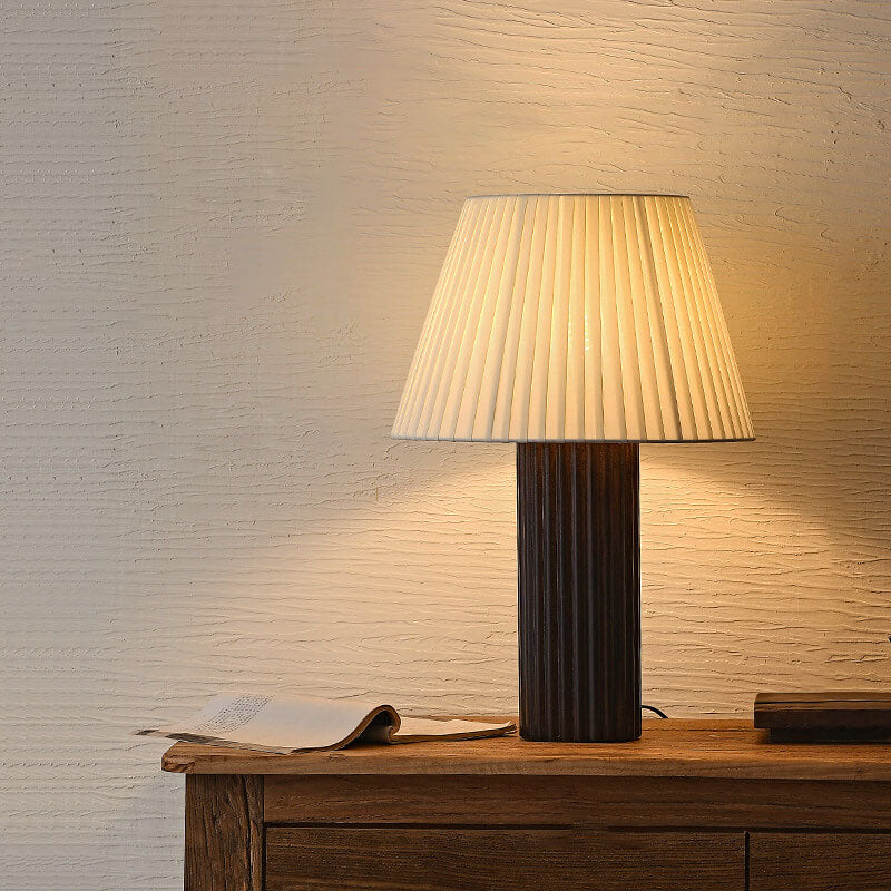 Japanese Retro Pleated Fabric Shade Column Wood Base 1-Light Table Lamp