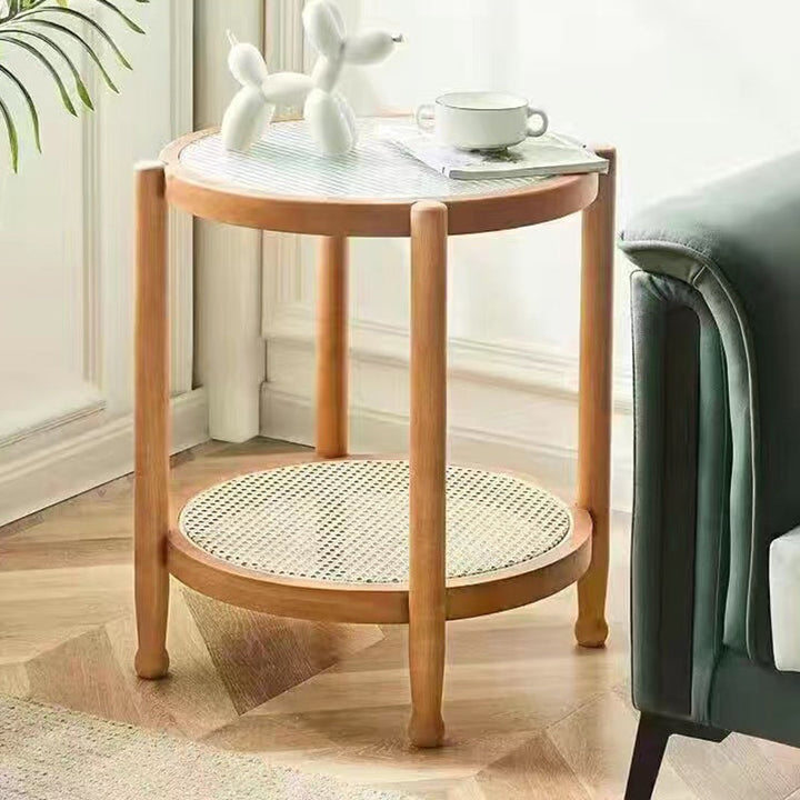 Table basse ronde minimaliste moderne en hévéa avec plateau en verre et faux rotin, à 2 niveaux, pour salon 