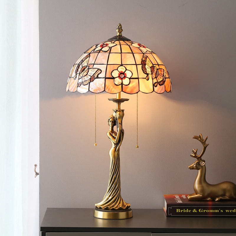Tiffany Kupfer Göttin Statue Basis Muschel Dekoration 2-Licht Tischlampe 