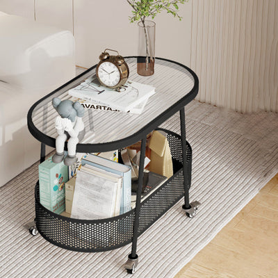 Mesa Auxiliar Rectangular de Hierro y Vidrio Minimalista Moderna de 2 Niveles para Sala de Estar 