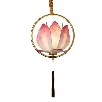 Chinese Zen Lotus Fabric Shade Iron Circle Ring Tassel 1-Light Pendant Light