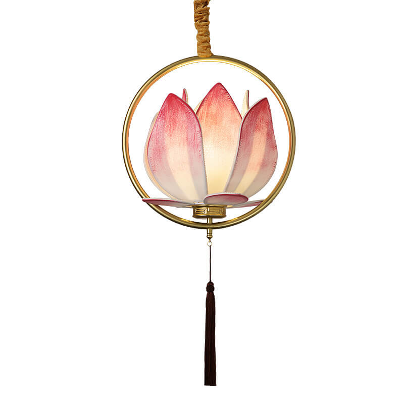 Chinesischer Zen Lotus Stoffschirm Eisenkreis Ring Quaste 1-Licht Pendelleuchte 
