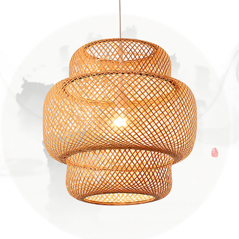 Traditional Japanese Cylinder Bamboo 1-Light Pendant Light For Living Room