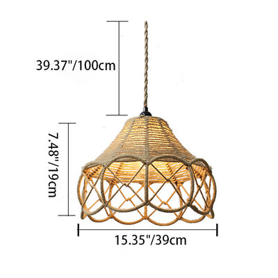 Japanese Retro Hemp Rope Weaving Flower Basket Iron 1-Light Pendant Light