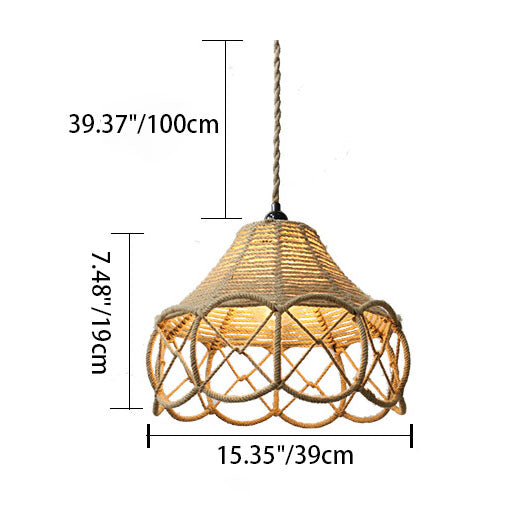 Japanese Retro Hemp Rope Weaving Flower Basket Iron 1-Light Pendant Light