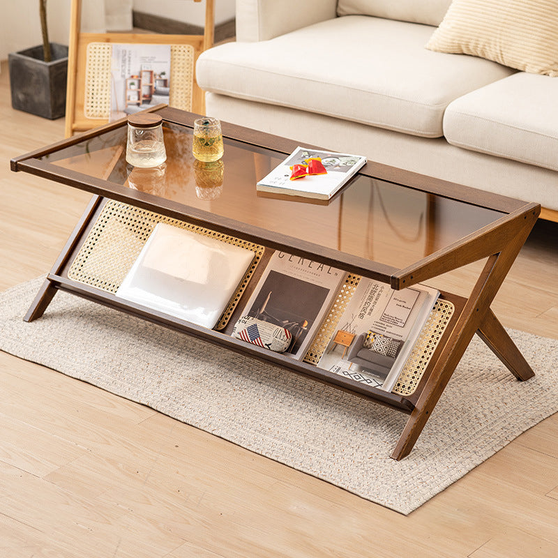 Traditional Japanese Rectangle Z-Shape Bamboo Glass Resin Rattan Weaving Coffee Table For Living Room