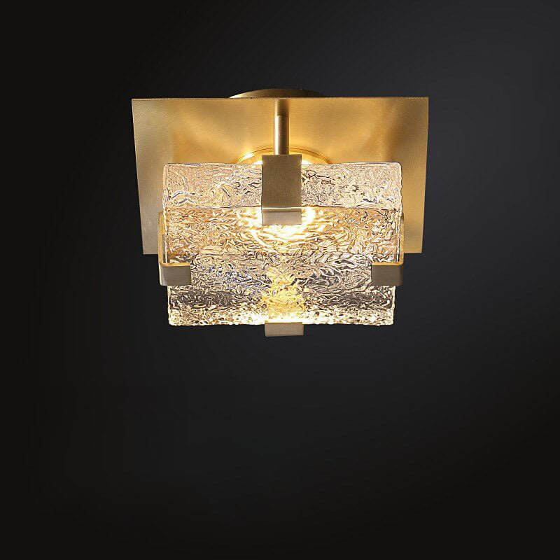 Modern Light Luxury Copper Cube Water Pattern Glass LED Semi-Flush Mount Ceiling Light