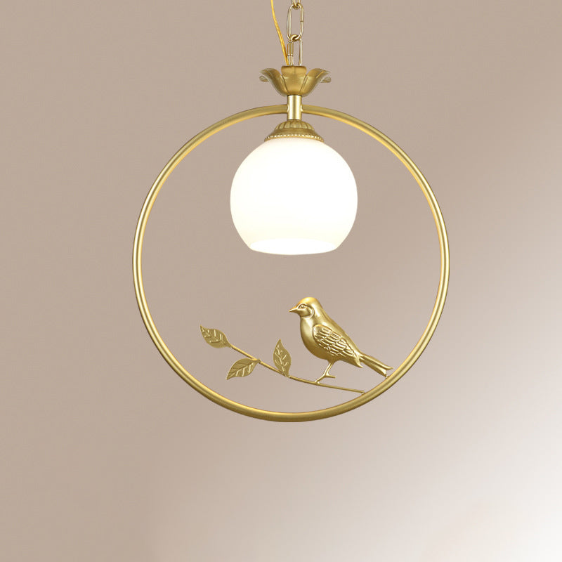 Traditionelle Vintage Eisenring Vogel Dekor Blume Glasschirm 1-Licht Pendelleuchte für Wohnzimmer 