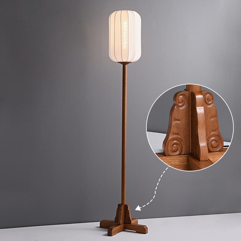 Japanese Zen Rosewood Base Silk Lantern Shade 1-Light Standing Floor Lamp