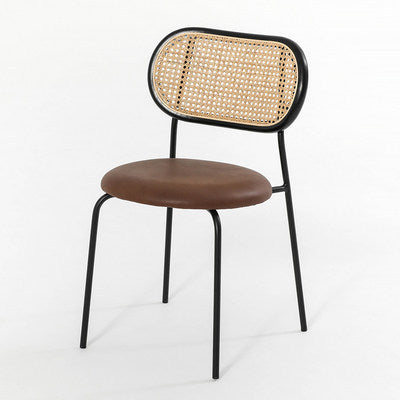Contemporary Nordic Round PU Leather Faux Rattan Weaving Iron Chair Backrest For Living Room