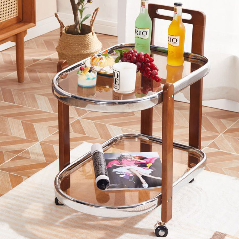 Table basse ovale japonaise traditionnelle amovible en bois avec verre en acier inoxydable à 2 niveaux pour salon 