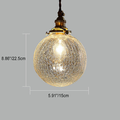 Japanese Vintage Round Crackle Glass Brass 1-Light Pendant Light