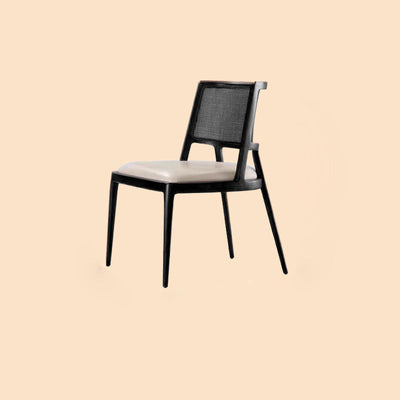 Silla de comedor de madera tapizada en cuero de microfibra cuadrada retro contemporánea con respaldo de ratán para comedor 