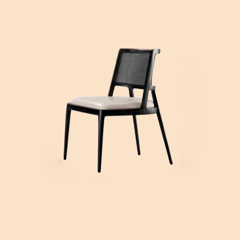 Silla de comedor de madera tapizada en cuero de microfibra cuadrada retro contemporánea con respaldo de ratán para comedor 