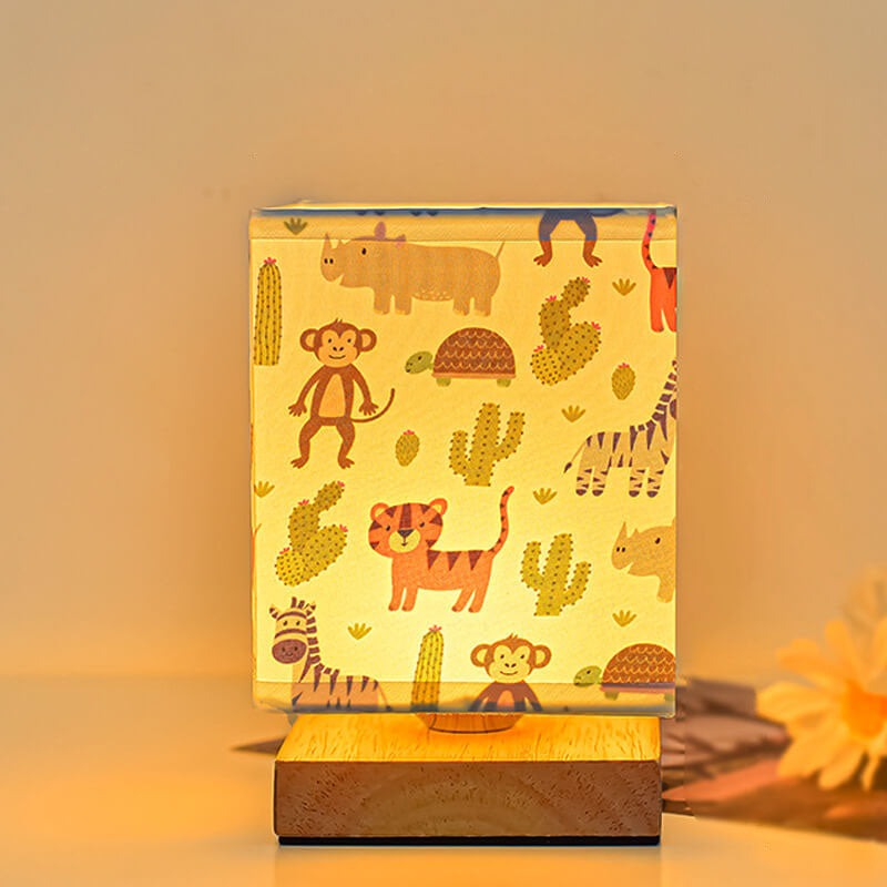 Contemporary Creative Kids Rectangular Solid Wood Fabric LED Table Lamp For Bedroom