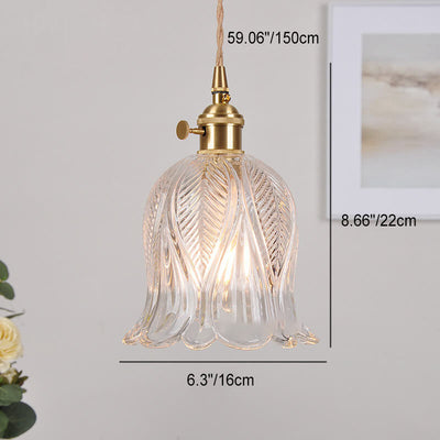 Japanese Vintage Floral Glass Cone Brass 1-Light Pendant Light