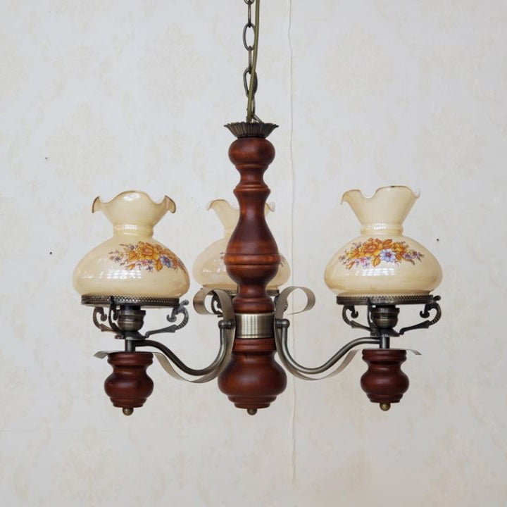Chandelier traditionnel rustique en fer à fleurs rondes en bois massif à 3 lumières pour salon 
