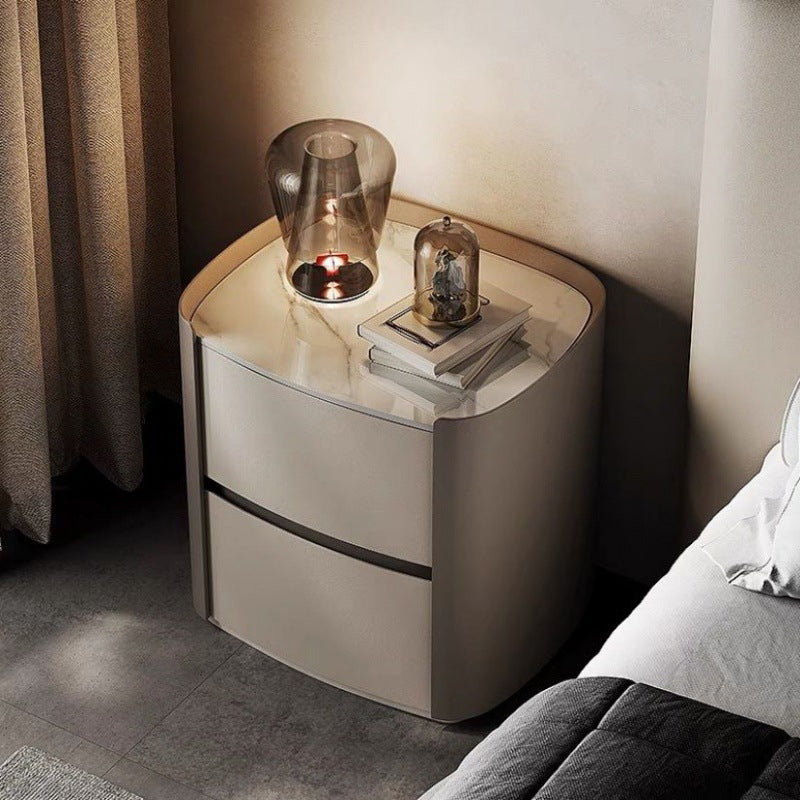 Table de nuit en bois avec cuir en microfibre elliptique à la simplicité moderne à 2 tiroirs pour le chevet 