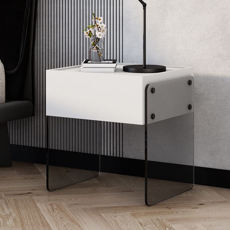 Mesita de noche rectangular moderna y minimalista de madera contrachapada y vidrio con 1 cajón para dormitorio 