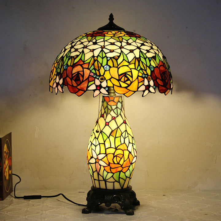 Tiffany Vintage Rosenblume Dekor Buntglas Kuppel 2-Licht Tischlampe 