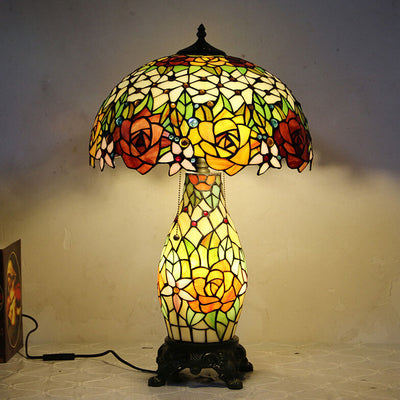 Tiffany Vintage Rose Flower Decor Stained Glass Dome 2-Light Table Lamp