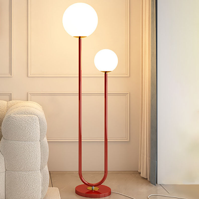 Moderner minimalistischer langer runder Ball Eisen Glas 2-Licht Stehlampe für Schlafzimmer 