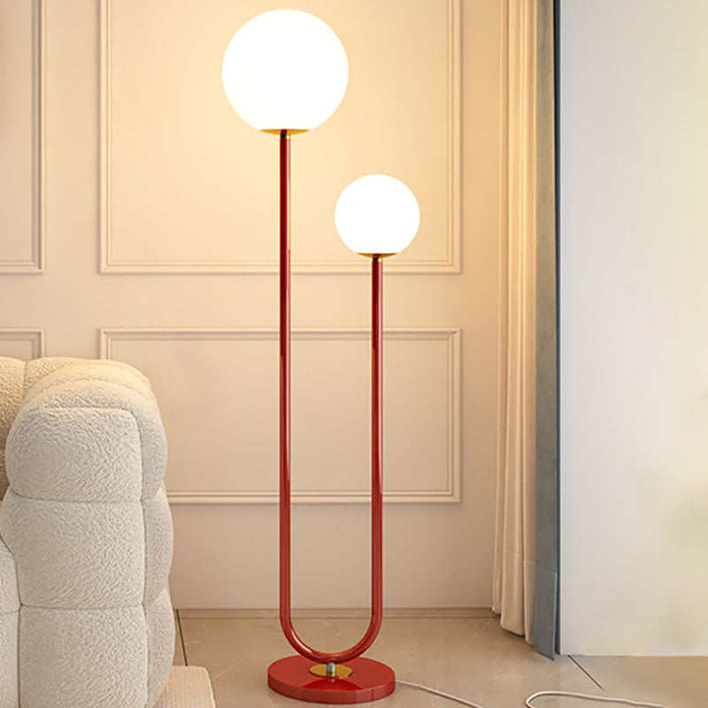 Modern Minimalist Long Round Ball Iron Glass 2-Light Standing Floor Lamp For Bedroom