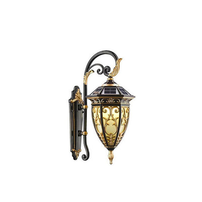 European Retro Solar Carved Lantern Aluminum Glass LED Outdoor Waterproof Wall Sconce Lamp