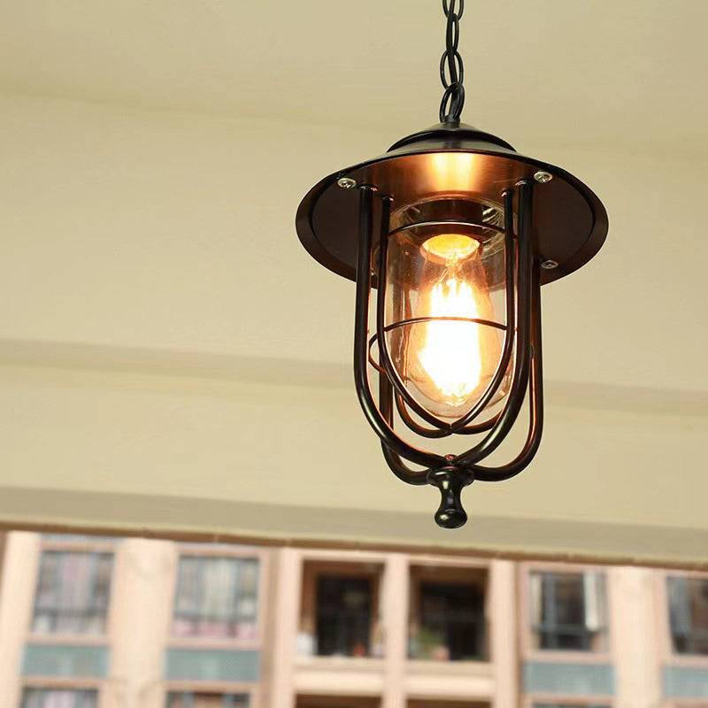 Zeitgenössische industrielle Vogelkäfig Eisen Glas 1-Licht Pendelleuchte für Garten 
