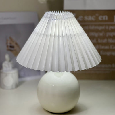 Modern Minimalist Round Fabric Pleated Ceramic 1-Light Table Lamp For Bedroom