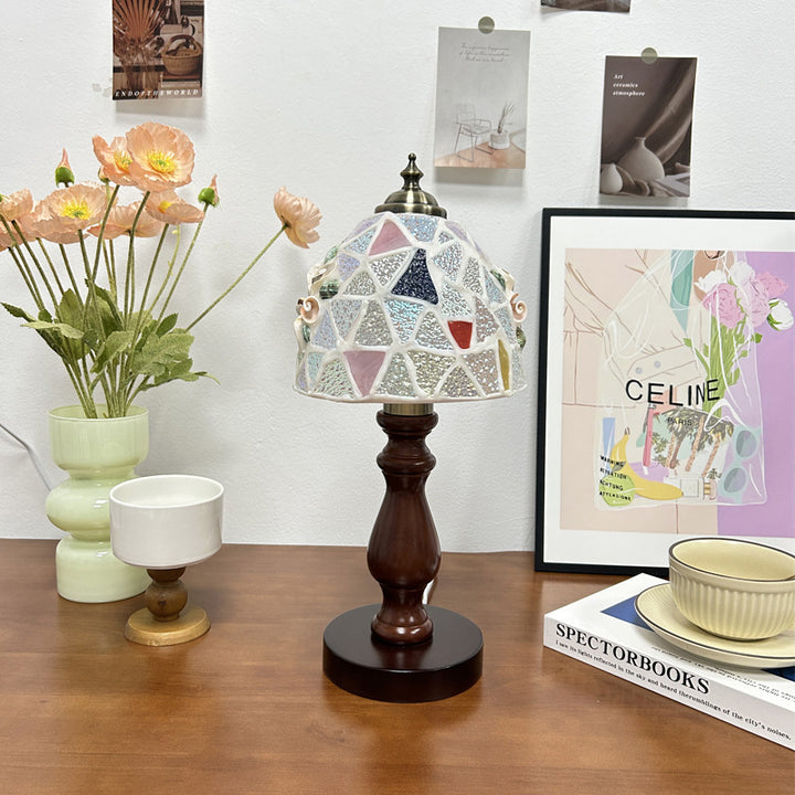 Lámpara de Mesa de 1 Luz con Caparazón de Lozange de Hemisferoide de Vidrio de Madera Vintage Tradicional para Mesita de Noche 